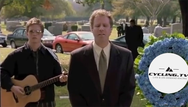 Will Farrell sings at a fanciful funeral for cycling.tv