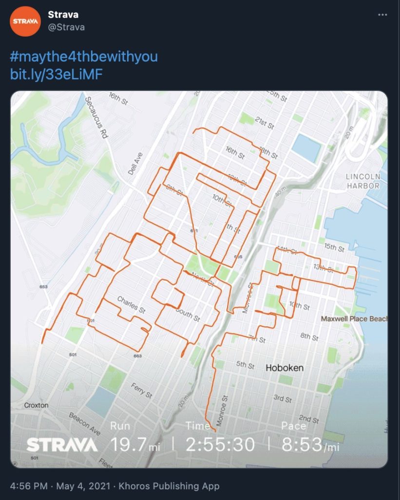 a screenshot tweet from @Strava on May 4th, featuring a line drawing of Boba Fett superimposed on a map of Hoboken NJ by a Strava activity
