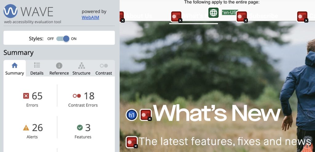a screenshot of a WAVE browser plugin report on Strava's What's New page showing 65 errors